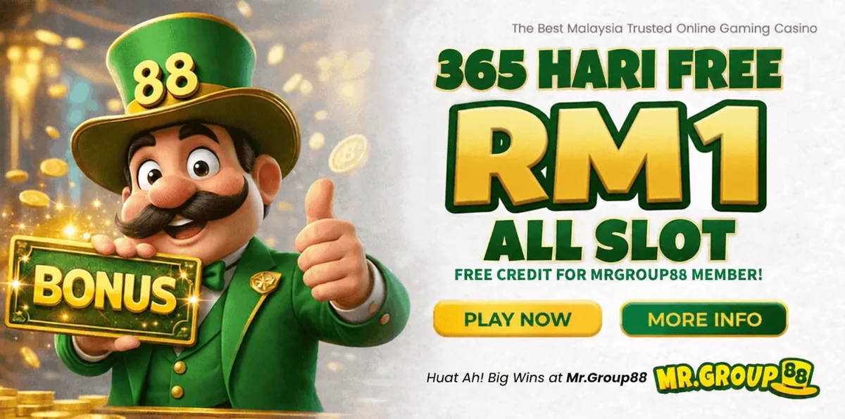 Banner MrGroup88 free kredit RM1 setiap hari untuk semua slot
